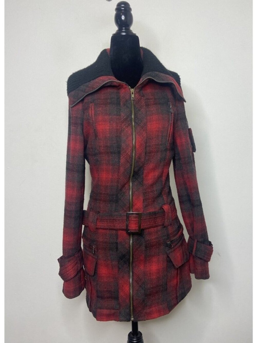 Le Chateau Buffalo Plaid Woman S Red Coat Belted Lined Overcoat Coat